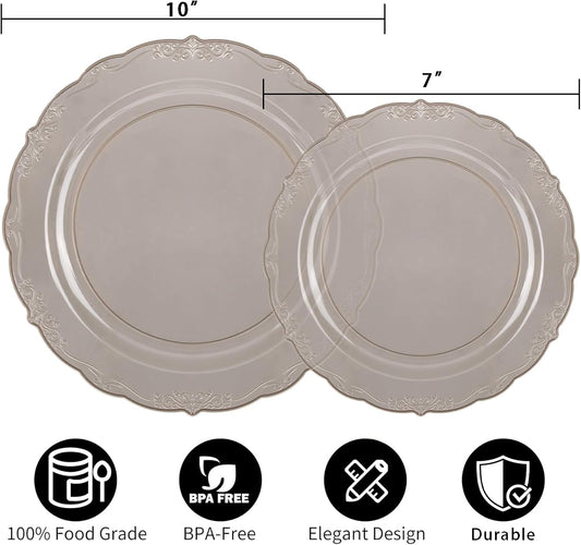 U-QE 100PCS Clear Black Plastic Plates - Heavy Duty Halloween Plates Disposable Including 50PCS 10'' Dinner & 50PCS 7.5'' Dessert Plates - Hard Halloween Plastic Plate for Party