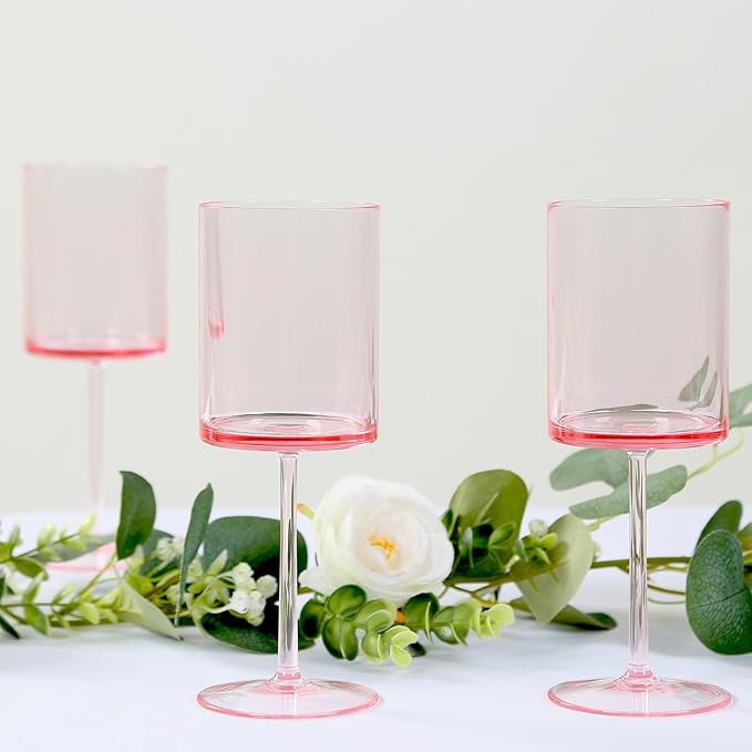 Efavormart 6-Pack Transparent Blush Plastic Cylindrical Wine Glasses 10oz, Long Stem - Shatterproof Reusable Cocktail Glasses