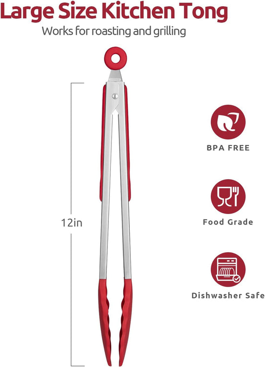 Heat Resistant Silicone Kitchen Tong: U-Taste 12 inch Large 480ºF Hot Proof Cooking Tong with Sturdy Non Stick Rubber Tips & Silicon Coated Steel Handle & Smooth Locking for Serving Grill Salad (Red)