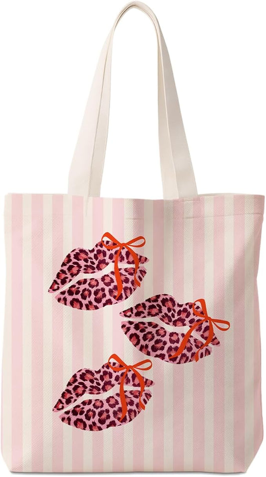 Coquette Bow Pink Leopard Lip Tote Bag for Women,Trendy Cheetah Print Canvas Tote Bag for Girls,Girly Leopard Lip Print Aesthetic Reusable Shopping Grocery Bags Party Favors