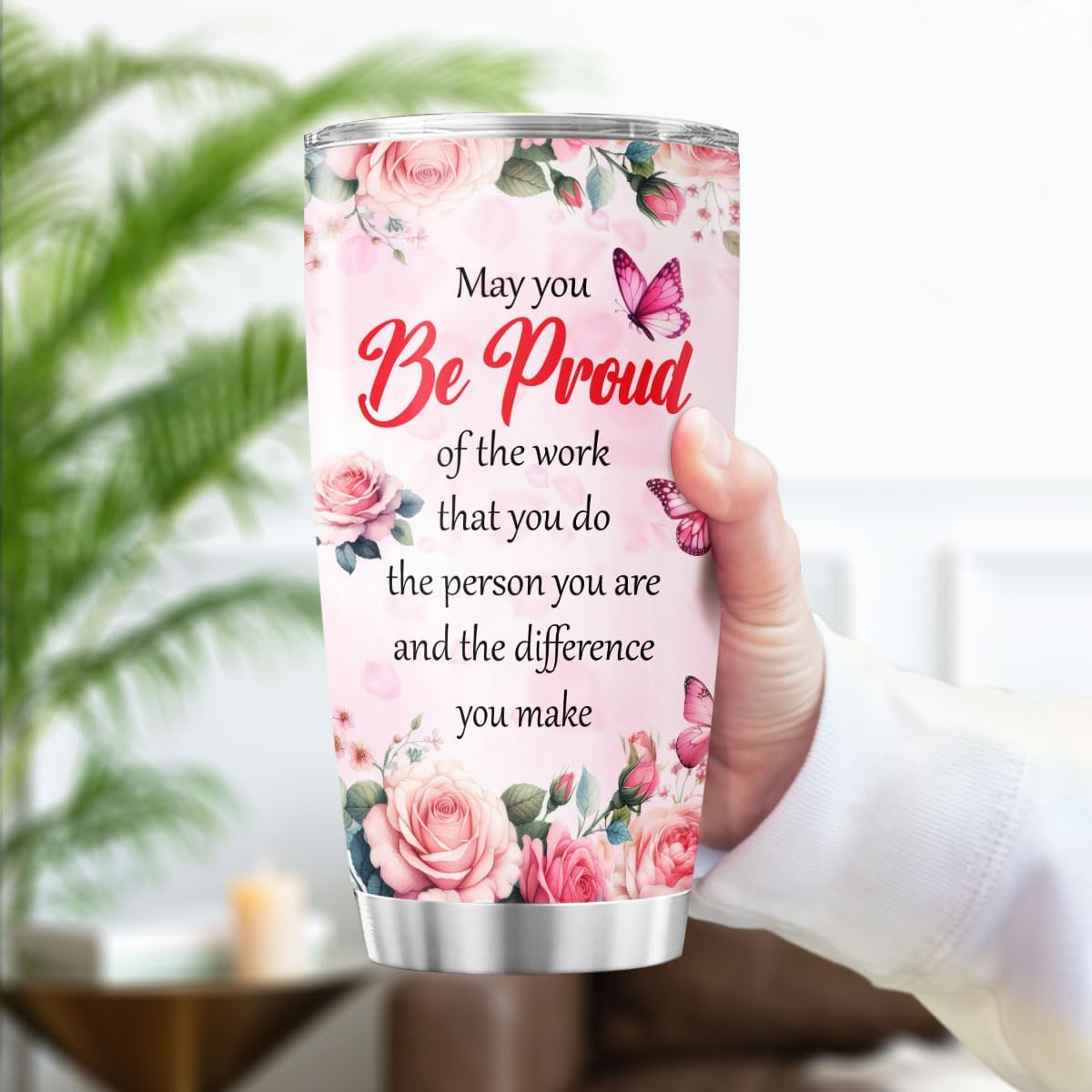Inspirational Quote Tumbler for Women 20oz, Floral Butterfly Design Stainless Steel Insulated Cup, Motivational Gift for Coworker, Friend, Teacher, Mom, Appreciation Present
