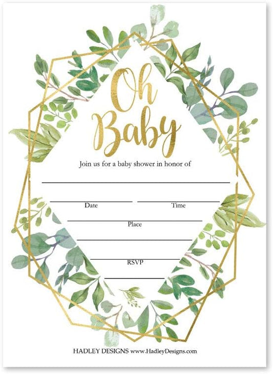 Hadley Designs 25 Geometric Greenery Invitations, Sprinkle Invite for Baby, Coed Garden Gender Reveal Neutral Theme, Cute Boho Fill or Write In Blank Printable Card, Floral Party DIY Supplies