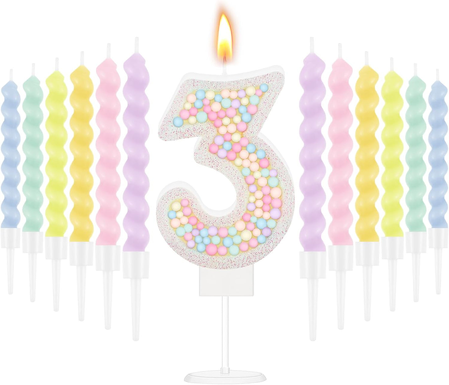 MTLEE Number 3 Birthday Candle with 12 Pcs Spiral Candles for Girls Macaron Pastel Rainbow Unicorn Pink Cake Topper for Sweet Theme Party Decoration