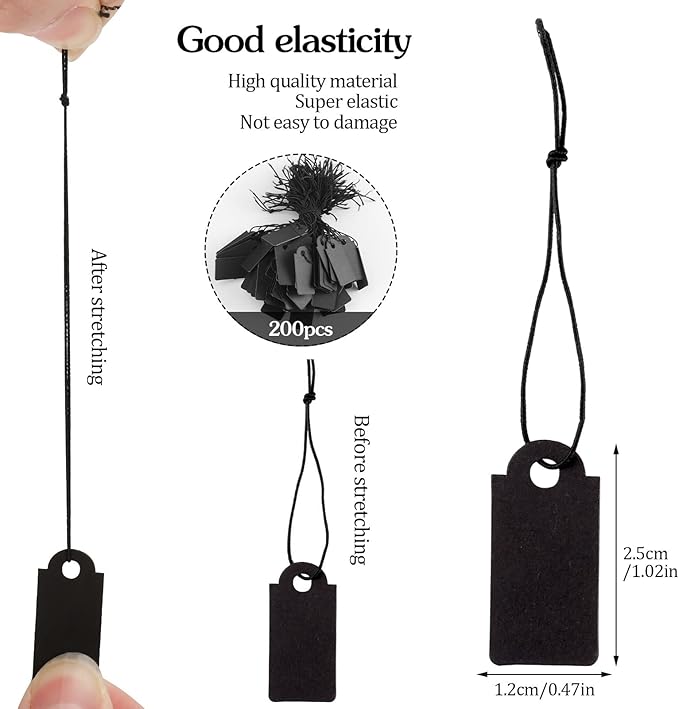 200 Pcs Black Price Tags, Gift Tags with Elastic String, Jewelry Price Tag Writable Kraft Gift Tag for Clothes Jewelry Stocking Stuffers(Black,1×0.47inch