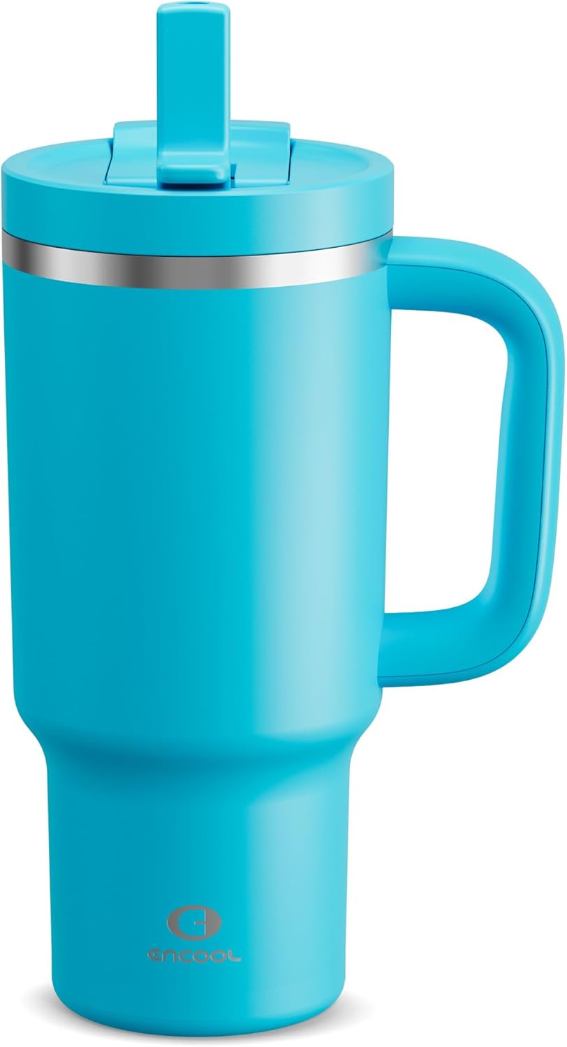 32 oz Tumbler with Handle and Straw: Stainless Steel Insulated Tumbler Keeps Cold for 24 Hours, Leakproof Travel Cup Fits in Cup Holder and BPA-Free,Azure Blue