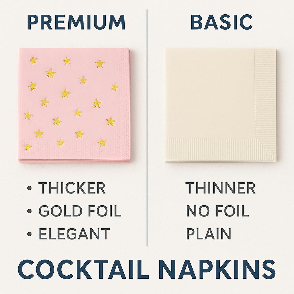100 Pink Cocktail Napkins with Gold Foil Stars - Elegant 2- Ply Disposable Beverage Napkins for Weddings, Birthdays, Baby Showers, Bridal Parties & Events