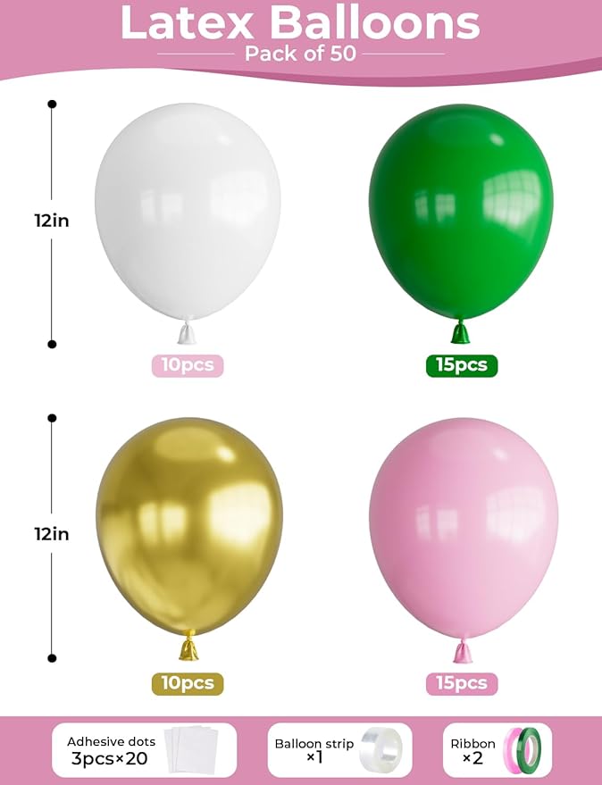 Pink and Green Balloons, 50 Pcs 12 Inch Pastel Pink and Green Balloons, White and Metallic Gold Latex Balloon for Witch Birthday Party Wedding Baby Shower Pajama Party Decor