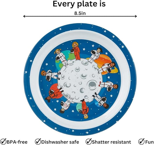 4 Piece Space Melamine Kids Plates, 4 Different Designs, Lightweight & Shatterproof Toddler Feeding Set, Children Safe Kitchen Set, Fun Mealtime, LIttle Kid Dinner Plates