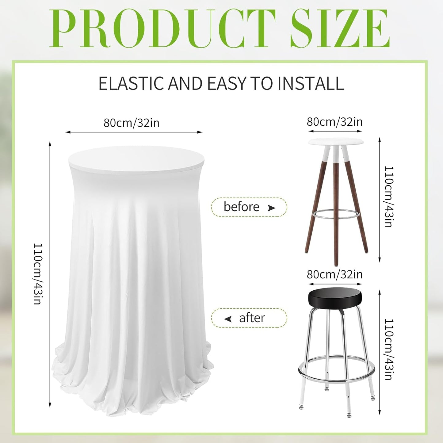 Tegeme 3 Packs 32 x 43 Inch Round Spandex Cocktail Tablecloths with Skirt Cocktail Round Table Cover Spandex Stretch Tablecloth for Fitted High Top Table Bar Wedding Party Banquet (White)