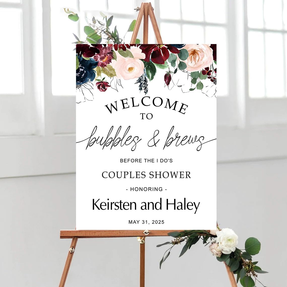 Personalized Greenery Eucalyptus Bubbles and Brews Couples Shower Welcome Sign, Gold Modern Minimalist Wedding Shower Bridal Party Decoration, Outdoor Plastic Sign Weatherproof #3