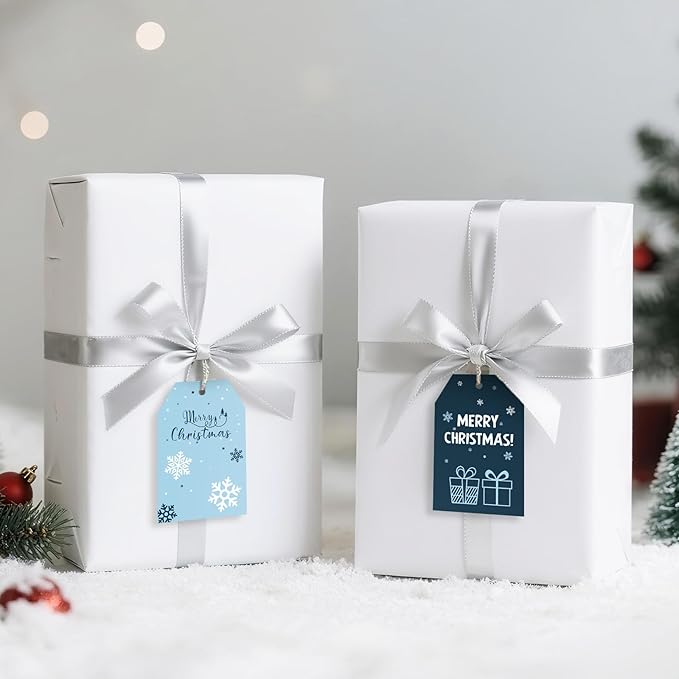 Anwyll Christmas Gift Tags with String - 50Pcs Blue Merry Christmas Name Tags for Gift Xmas to from Tag Have A Merry Little Christmas Tree Label Tag for Present Wrap Goodie Bags Holiday Party Favors