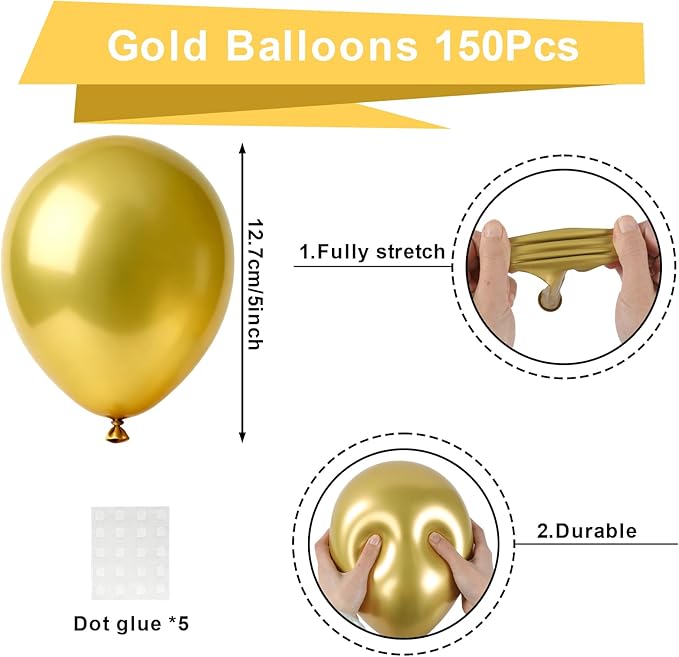Patimate Metallic Gold Balloons - 150pcs 5 Inch Chrome Gold Latex Party Balloons for Birthday Anniversary Wedding Baby Shower Graduation Retirement Engagement New Years Casino Disco Party Decorations