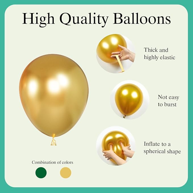 Light Green Balloons Arch Kit,130Pcs Dark Green and Gold Balloons,Different Sizes White and Gold Latex Balloon for Jungle Forest Themed Birthday St. Patrick's Day Party Decorations