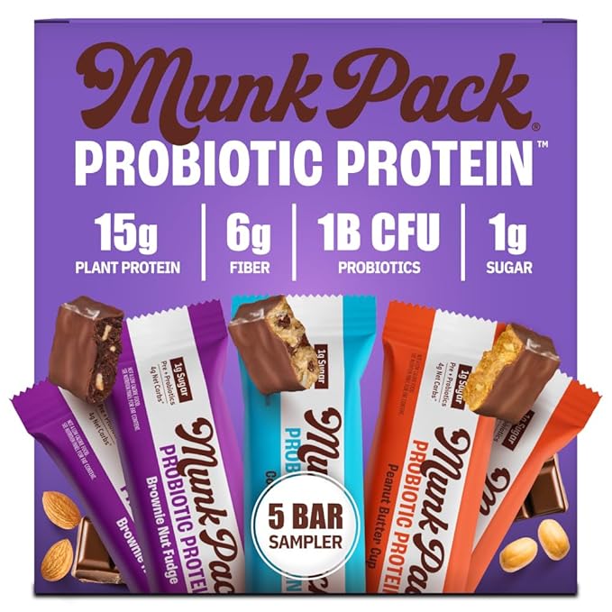 Munk Pack Sampler Pack Probiotic Protein Bars Stocking Stuffers | Keto-Friendly 15g Plant Protein, 1g Sugar, 4g Net Carbs - Vegan, Low Carb, Gluten-Free Healthy Snacks | 5 Count