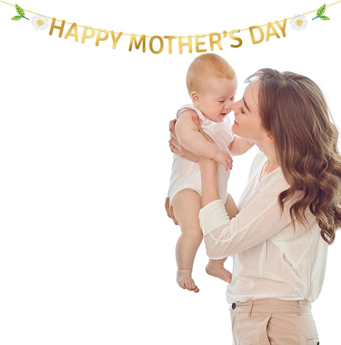Happy Mother's Day Banner Set Decoration for Mother's Day Party Decorations Backdrop Garland for Mom Glitter Garland Photo Props (Gold Letter White Daisy)