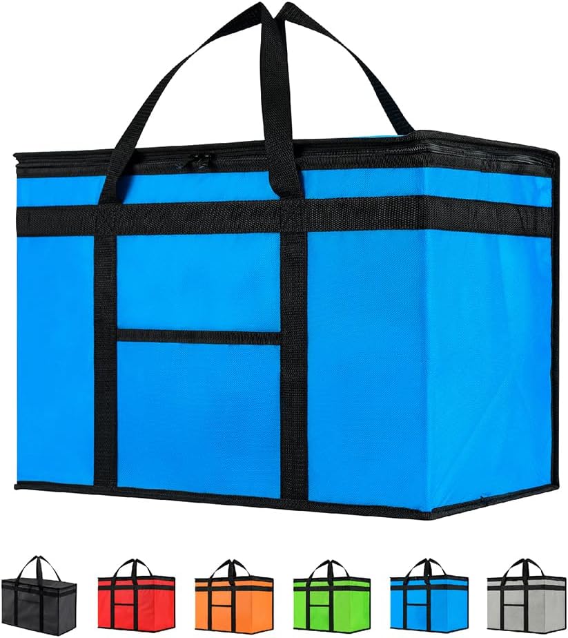 XXL Insulated Cooler Bag and Food Warmer for Delivery & Grocery Shopping with Zippered Top, Blue (1 pack)