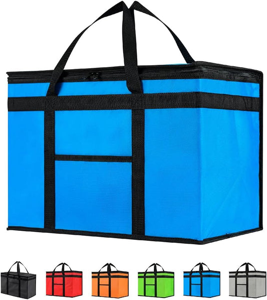 XXL Insulated Cooler Bag and Food Warmer for Delivery & Grocery Shopping with Zippered Top, Blue (1 pack)