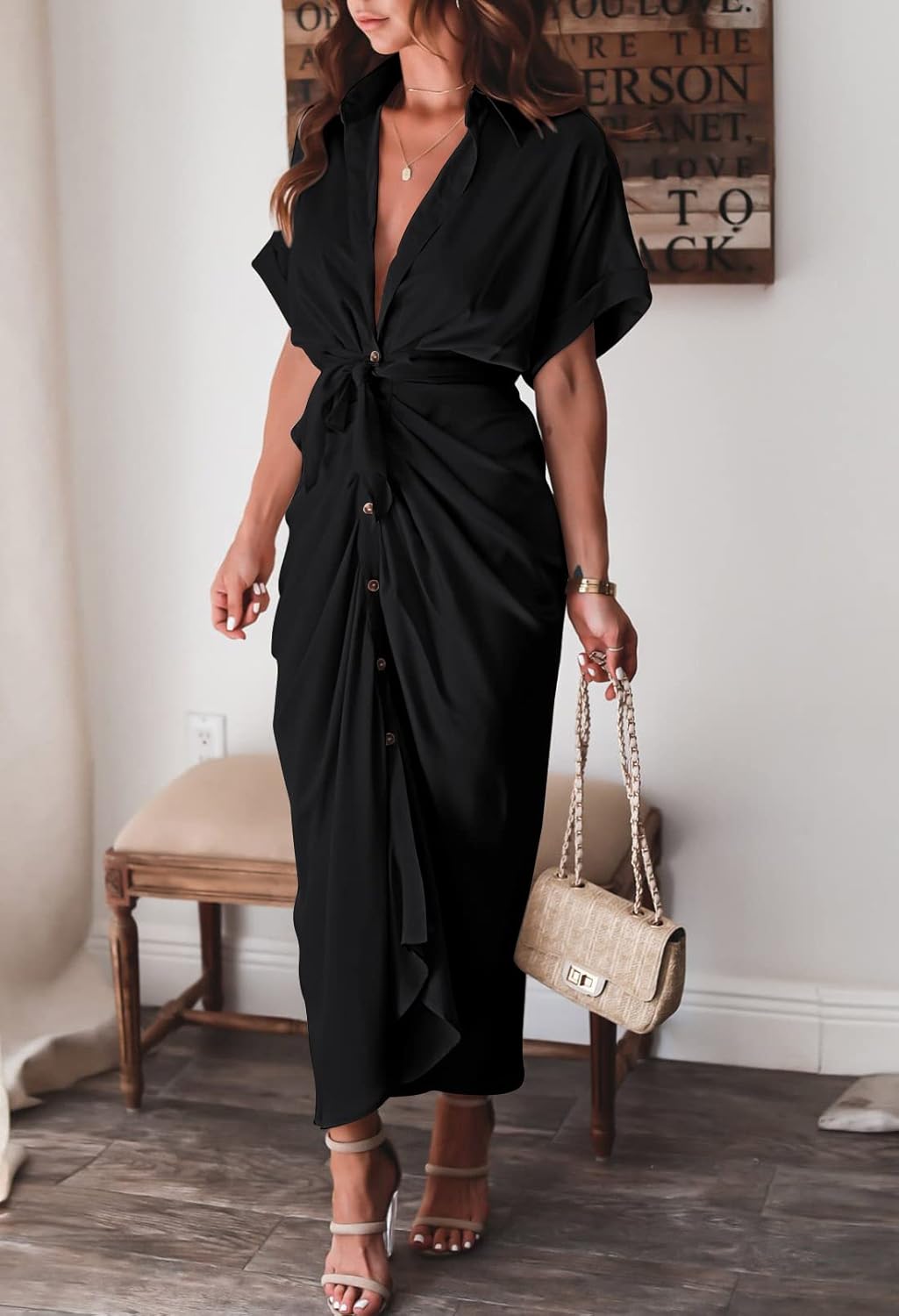 Women Elegant Satin Button Down Short Sleeve Maxi Shirt Dress with Belt