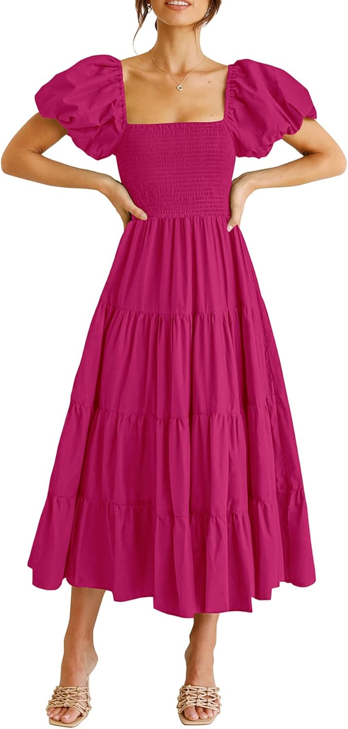 PRETTYGARDEN Women's Casual Summer Midi Dress Puffy Short Sleeve Square Neck Smocked Tiered Ruffle Dresses