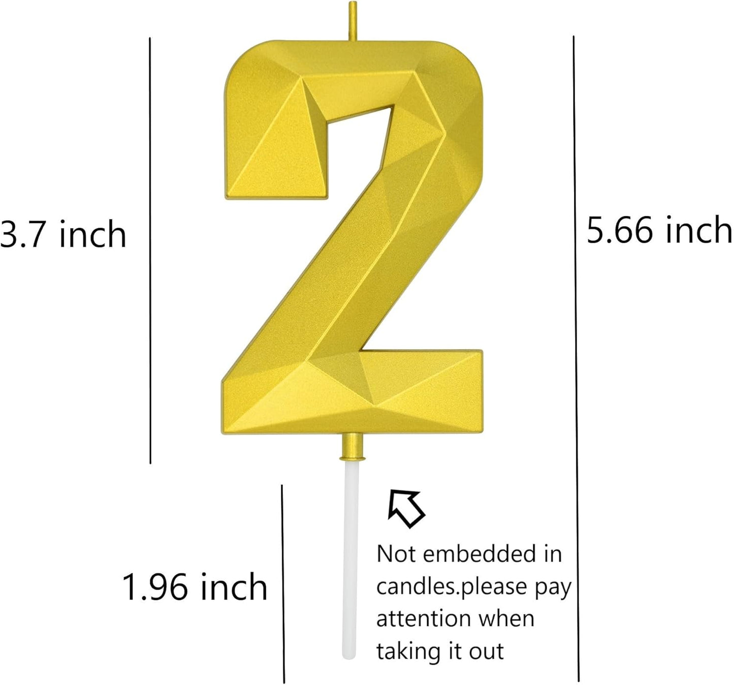 DERVENTA Large Birthday Candle Number 3D Gold 3.7 inch Party Celebration Anniversary Decoration Cake Topper 1 Piece (Number 2 Gold)