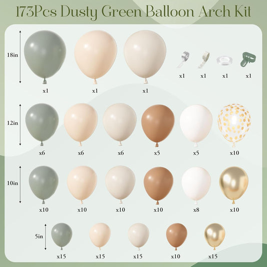 Amandir 173Pcs Dusty Green Nude Balloon Arch Garland Kit, Blush Cream White Sand Avocado Green Brown Gold Confetti Balloons for Neutral Baby Shower Gender Reveal Wedding Birthday Party Decorations