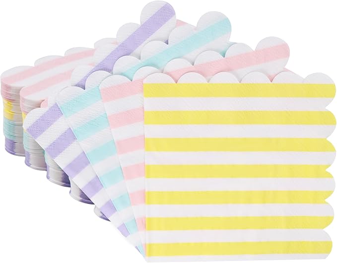 100 Pcs Cocktail Napkins Colorful Stripe Napkins with Scalloped Edges 5 x 5 Inch Dinner Napkins Disposable Thick Paper for Wedding Dinner Birthday Party - Assorted Colors Pink Purple Yellow Blue