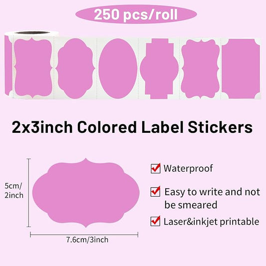 Yeachlaing Pink Labels, 250 PCS 3" x 2" Fancy Shape Stickers for Storage Box, Food Jars, Holiday Presents Tags