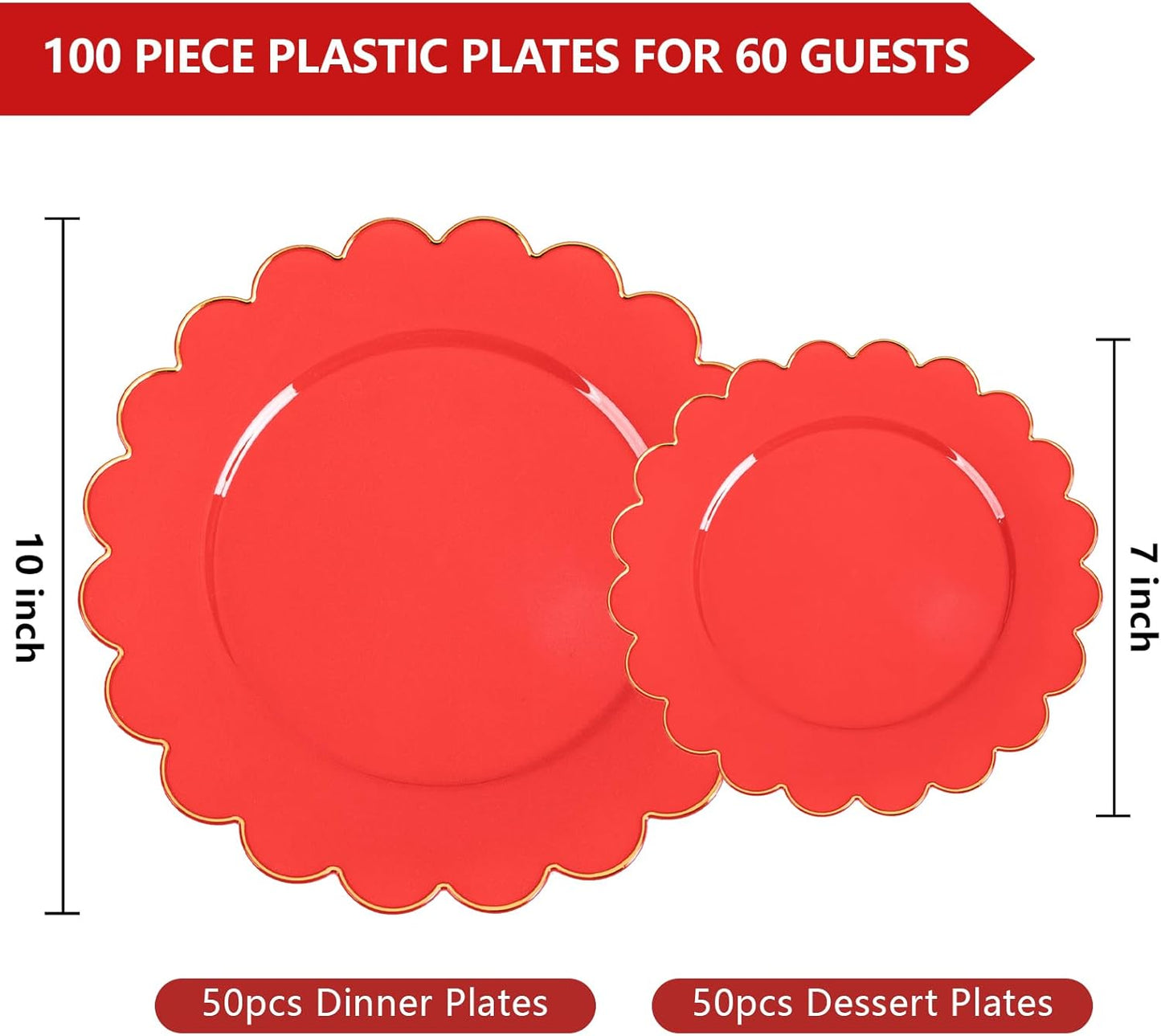 Supernal 100pcs Red Plastic Plates,Fancy Disposable Plates Heavy Duty,Red and Gold Party Supplies Including 10.25’’ Dinner & 7.5’’ Dessert Plastic Plate,Elegant Disposable Plate Suit for Party,Wedding