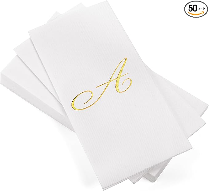 AMERICAN HOMESTEAD Disposable Hand Towels - Gold Foil Monogrammed Guest Napkins - Linen-Like Bathroom Paper Towels for Guests - Perfect Wedding and Party Napkins - 50 Count (Gold A)
