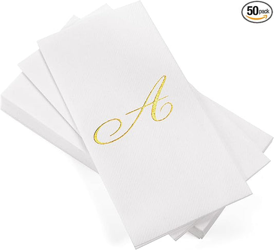 AMERICAN HOMESTEAD Disposable Hand Towels - Gold Foil Monogrammed Guest Napkins - Linen-Like Bathroom Paper Towels for Guests - Perfect Wedding and Party Napkins - 50 Count (Gold A)