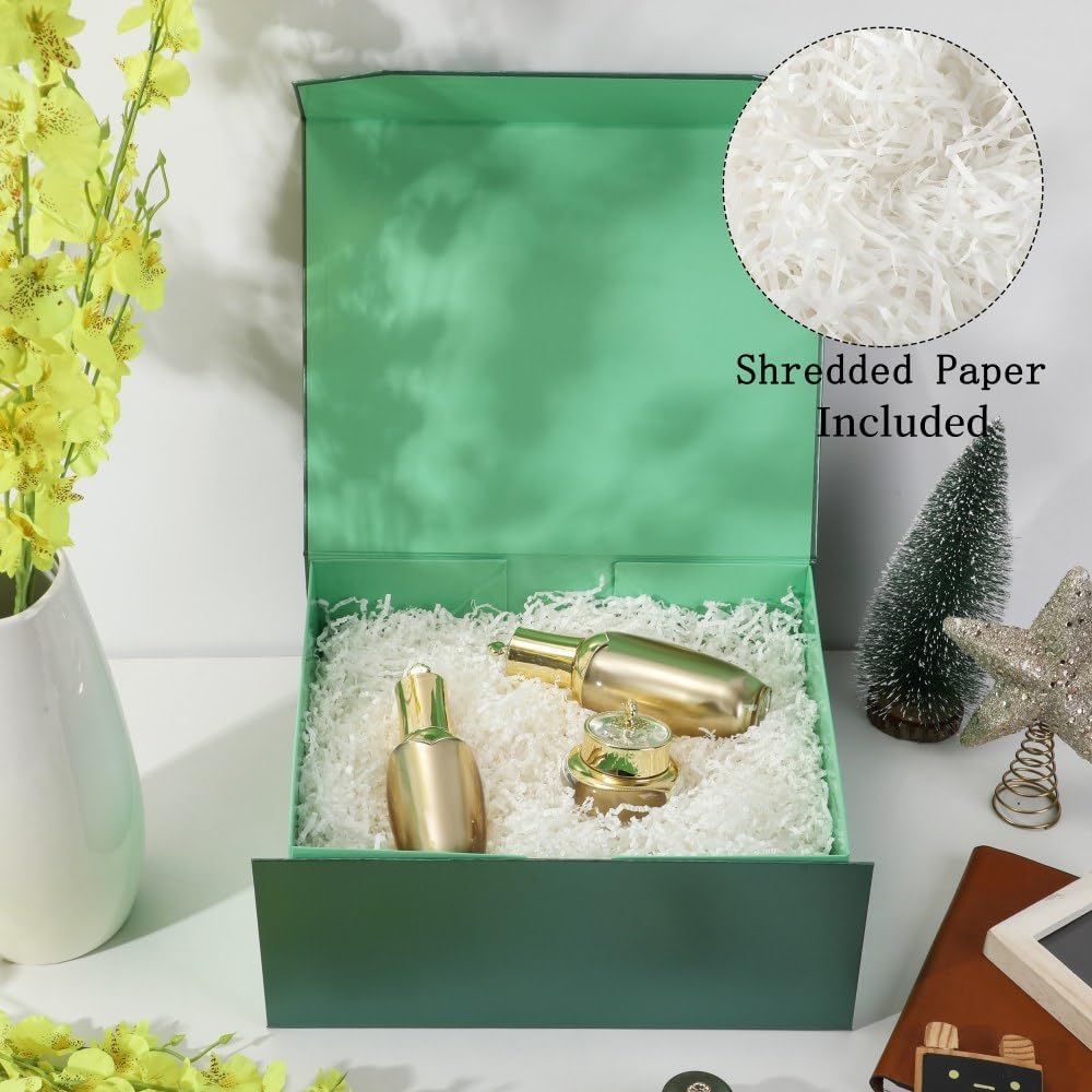 6 Pcs Green Gift Box Large 13x11x5.3 Inch Large Black Gift Box Large Magnetic Gift Box with Crinkle Paper Green Large Gift Box with Shredded Paper Luxury Gift Boxes with Lids for Presents