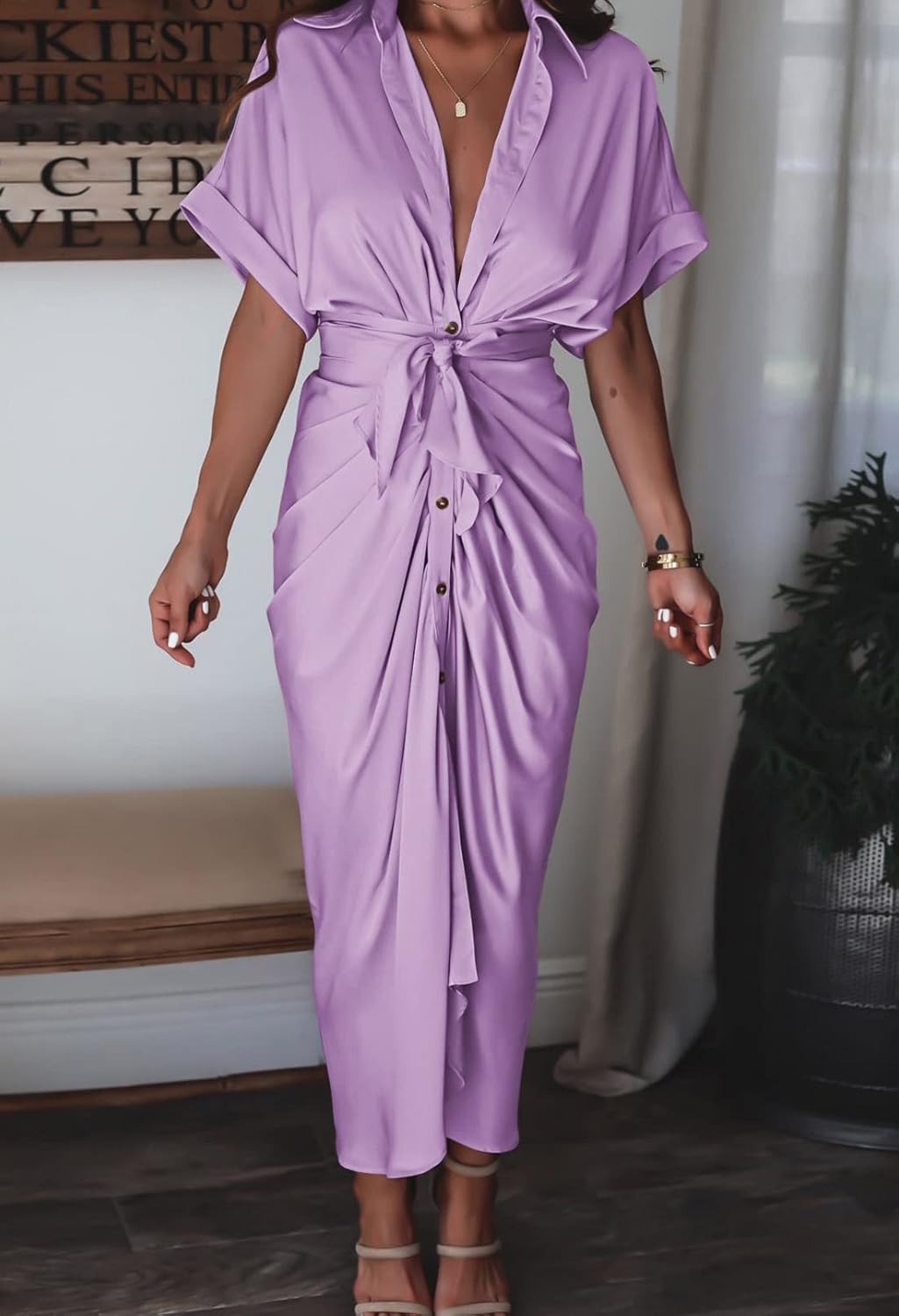 Women Elegant Satin Button Down Short Sleeve Maxi Shirt Dress with Belt