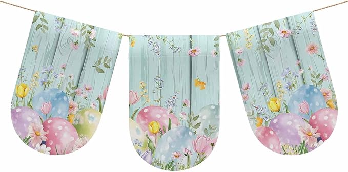 Easter Eggs Banner 3Pcs Indoor Outdoor Hanging Banner Flag Spring Daisy Eucalyptus Leaves Teal Wooden Sign for Fireplace Mantel Decorative Bunting Garland Valance for Shop Door Mantle Decor 9.8"x15.8"