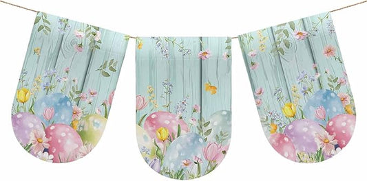 Easter Eggs Banner 3Pcs Indoor Outdoor Hanging Banner Flag Spring Daisy Eucalyptus Leaves Teal Wooden Sign for Fireplace Mantel Decorative Bunting Garland Valance for Shop Door Mantle Decor 7.9"x11.8"