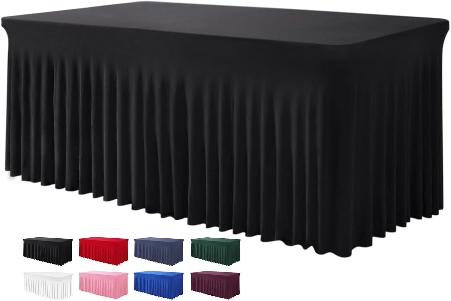 Table Skirt for 4 Foot Tables - One-Piece Black Tablecloths and Skirt, Wrinkle Resistant Ruffles Elastic Cover for Banquets, Weddings, Events, Parties