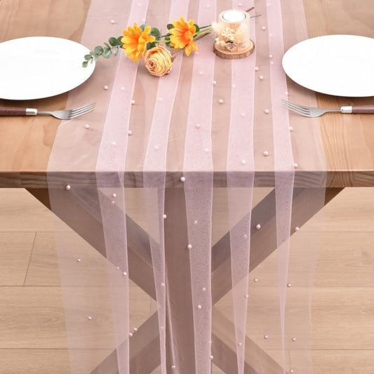 Blushing Pink Pearl Fall Thanksgiving Table Runner Boho Rustic Tulle Lace Table Runner for Baby Shower Wedding Arch Decor Veil Dessert Table Decor 6pcs
