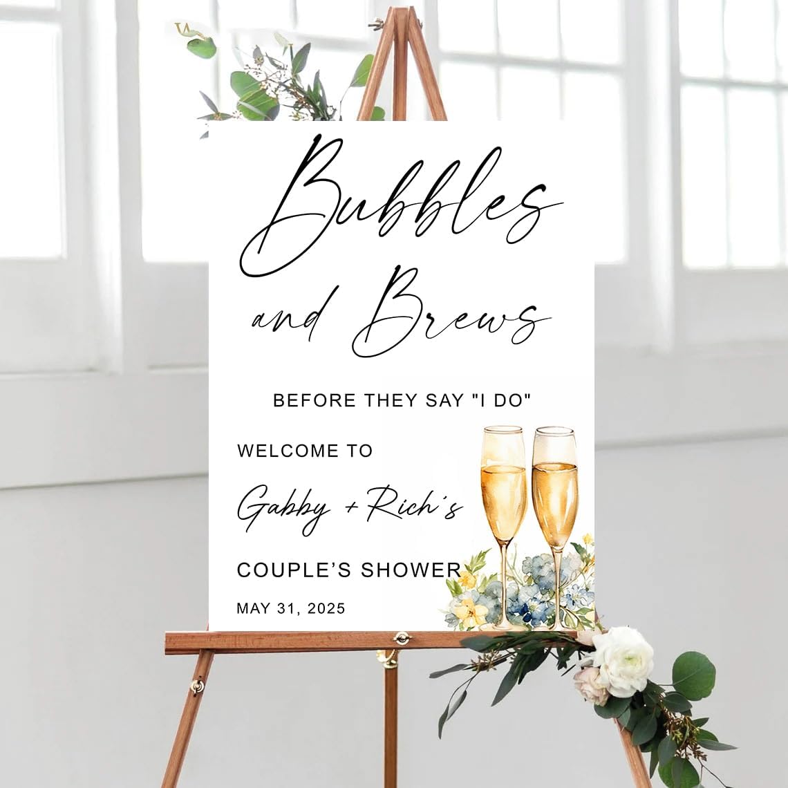 Personalized Greenery Eucalyptus Bubbles and Brews Couples Shower Welcome Sign, Gold Modern Minimalist Wedding Shower Bridal Party Decoration, Outdoor Plastic Sign Weatherproof #2