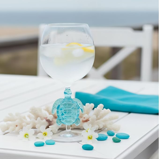 Supreme Housewares Sea Turtle Stem Wine Glasses, Blue Sea Turtle-Shaped Reusable Shatterproof Acrylic Glass for Red or White Wine, Poolside, Outdoors, Parties, 20 oz, Set of 2