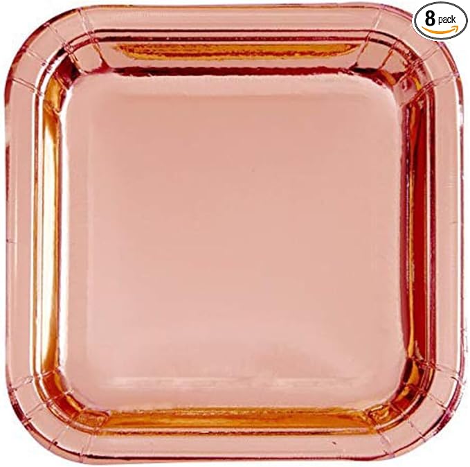 Rose Gold Foil Dessert Plates, 7" (8-Pack) - Stunning Square Plates with Premium Foil Board Material, Perfect for Celebrations & Events