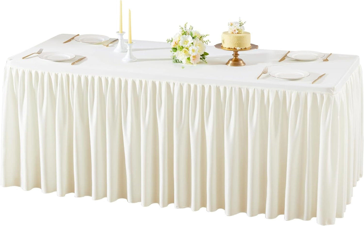 Cream White Polyester Table Clothes for 8 Foot Rectangle Tables, Wrinkle Free Fitted Table Cover with Pleated Ruffle Table Skirt for Birthday Party Wedding Trade Show Event Display