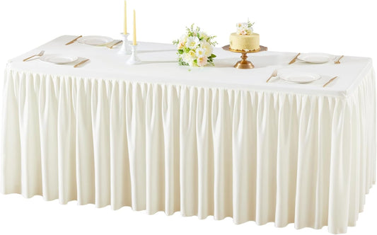 Cream White Polyester Table Clothes for 8 Foot Rectangle Tables, Wrinkle Free Fitted Table Cover with Pleated Ruffle Table Skirt for Birthday Party Wedding Trade Show Event Display