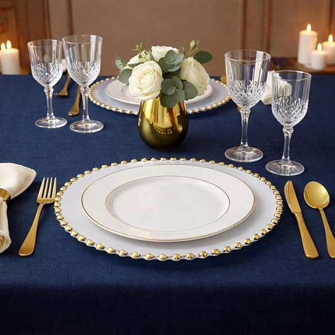 PLASTICPRO White with Gold Rim Plastic Charger Plates with Beaded Edge – Pack of 4 – 13" Elegant Round Disposable Chargers for Weddings, Events, Parties, and Dinners