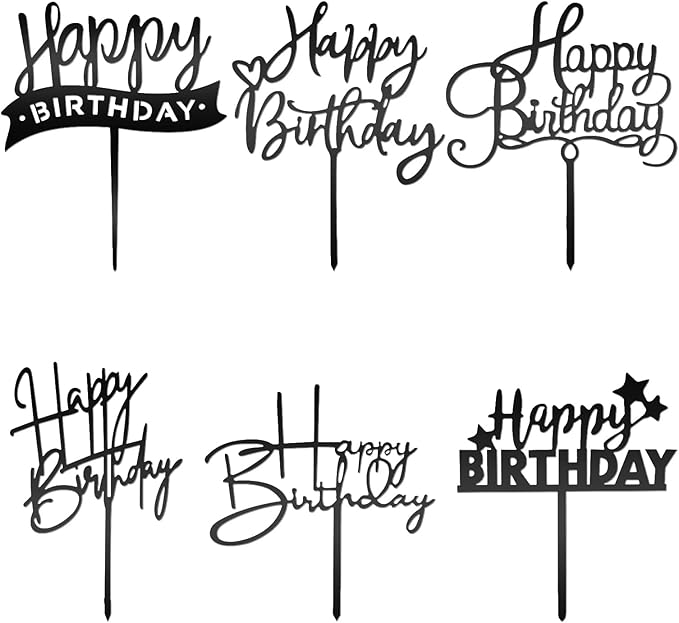 6 Pcs Acrylic Happy Birthday Signs - Black Cake Toppers for Cake Decorations - Personalized Cupcake Toppers & Inserts