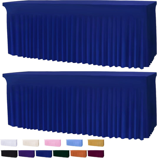 Table Skirts for 8ft Rectangle Tables - 2PCS Blue Table Covers for 8 Foot Tables, Wrinkle Resistant Ruffles Elastic Table Cloths and Table Skirt for Banquets/Weddings/Parties/Birthday