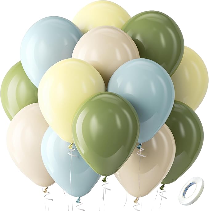 Bezente Sage Green Dusty Blue Yellow Balloons Kit - 60pcs 12 inch Dusty Blue Olive Green Latex Balloons Pastel Yellow Helium Balloons for Birthday Wedding Baby Shower Theme Party Decorations