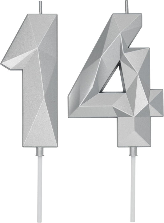 DERVENTA Birthday Candle Big Number 3D Silver 3.7 inch Party Celebration Anniversary Decoration Cake Topper 1 Piece (Number 14 Silver)