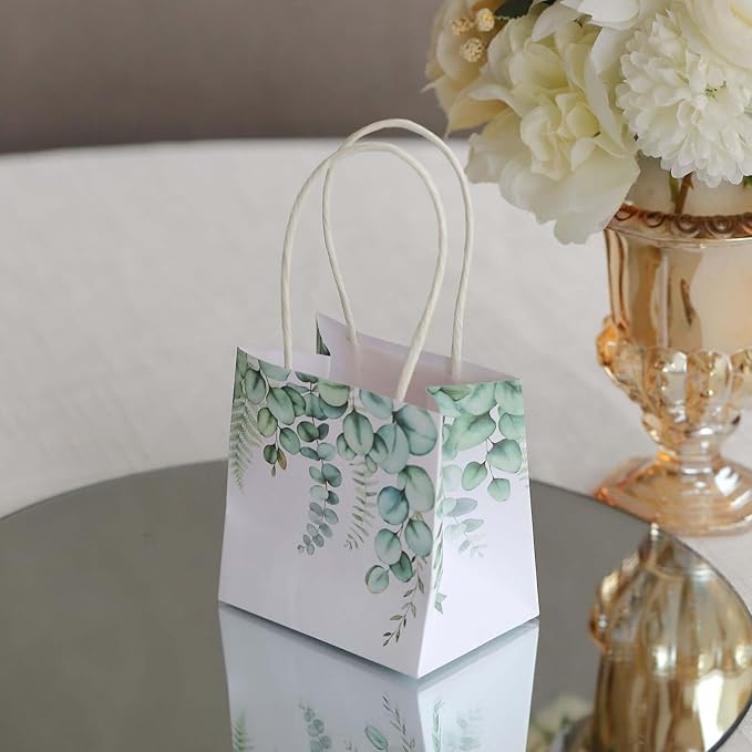 Efavormart 12 Pack 4"x4" Green Eucalyptus Paper Gift Bags with Handles - Small Botanical Favor Goodie Bags for Boho Wedding and Baby Shower