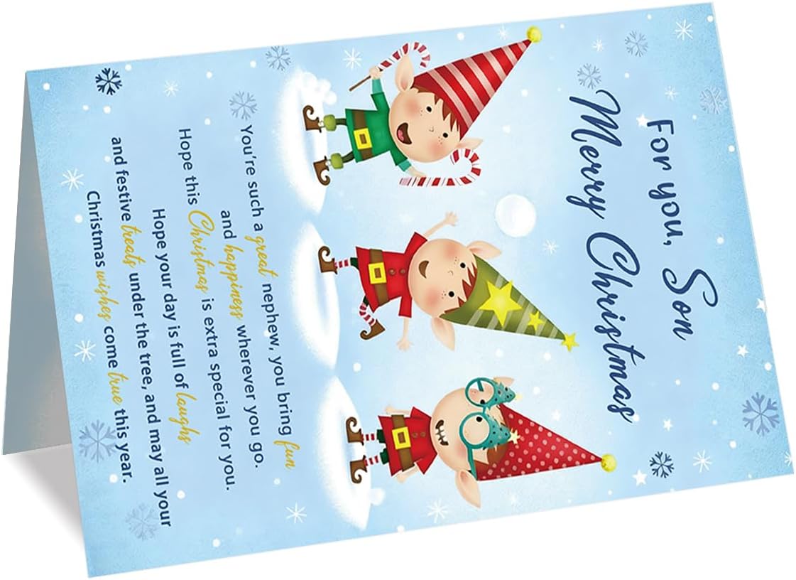 Christmas Card Gift for Son, Son Christmas Card from Mom Dad, Cute Festive Elf Design for Kids or Boys