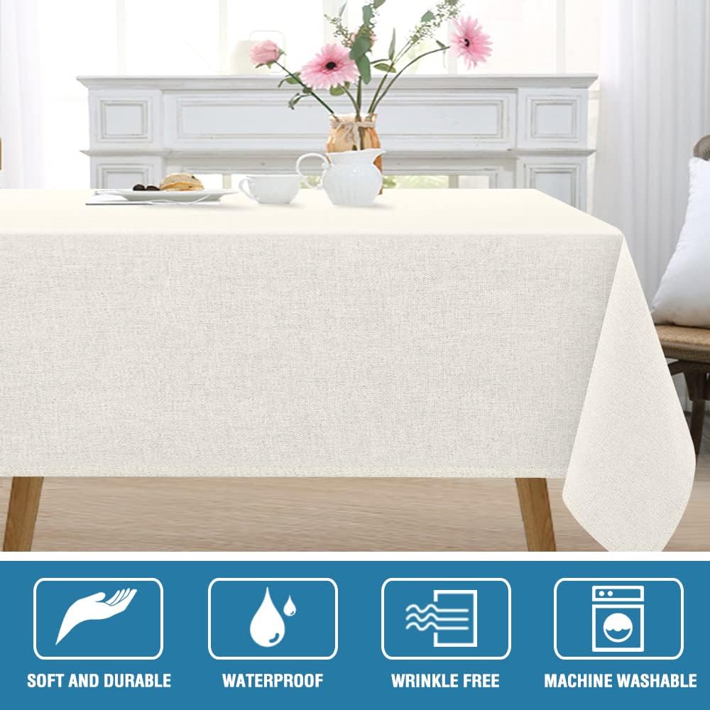 H.VERSAILTEX Linen Textured Tablecloth 60 x 84 Waterproof Decorative Table Cloth Spill-Proof Linen Look Cover for Party Table Extra Soft and Thick Fabric Wrinkle Free, Heather Ivory