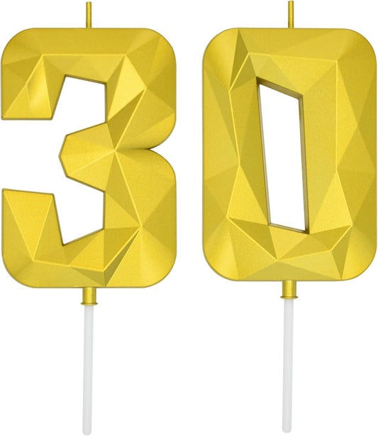 DERVENTA Large Birthday Candle Number 3D Gold 3.7 inch Party Celebration Anniversary Decoration Cake Topper 1 Piece (Number 30 Gold)